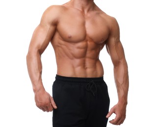 Young bodybuilder with muscular body on white background, closeup