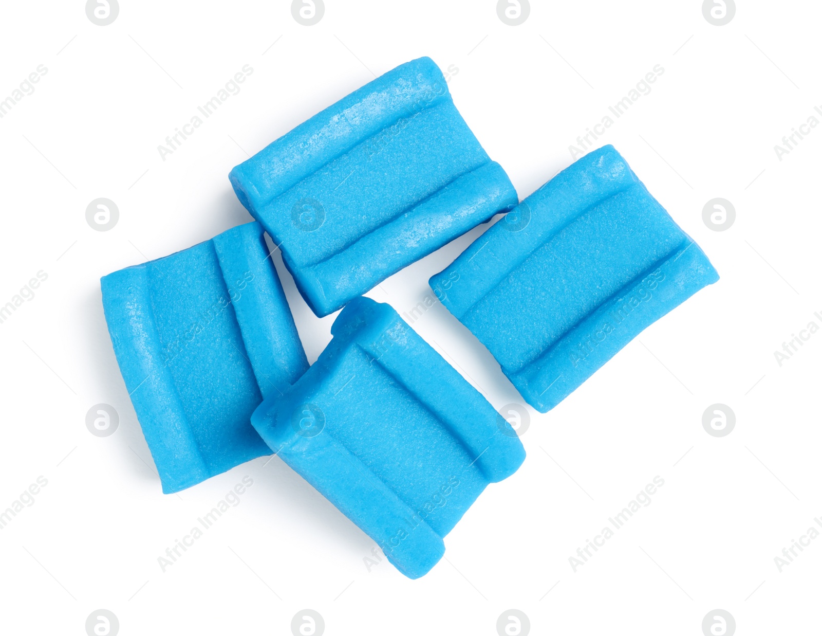 Photo of Tasty blue bubble gums isolated on white, top view