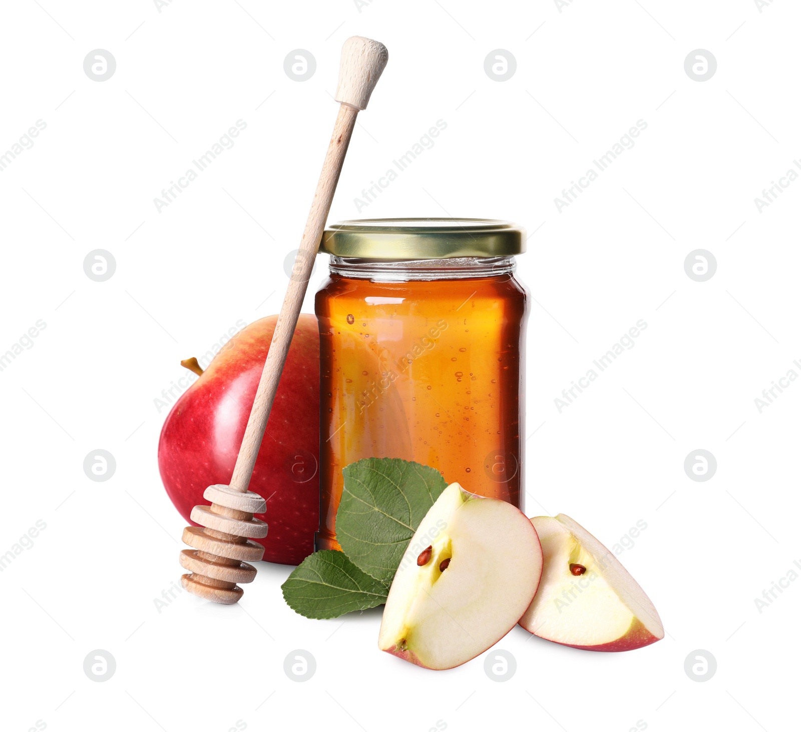 Image of Honey in glass jar, apples and dipper isolated on white