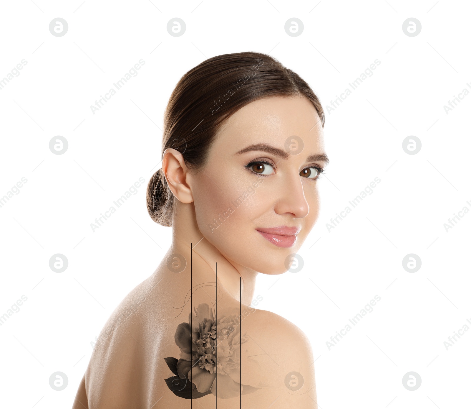 Image of Design with photo of woman on white background during tattoo removal process