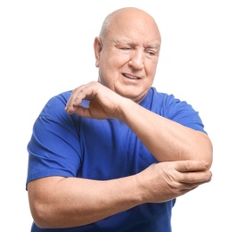 Photo of Senior man suffering from pain in elbow on white background