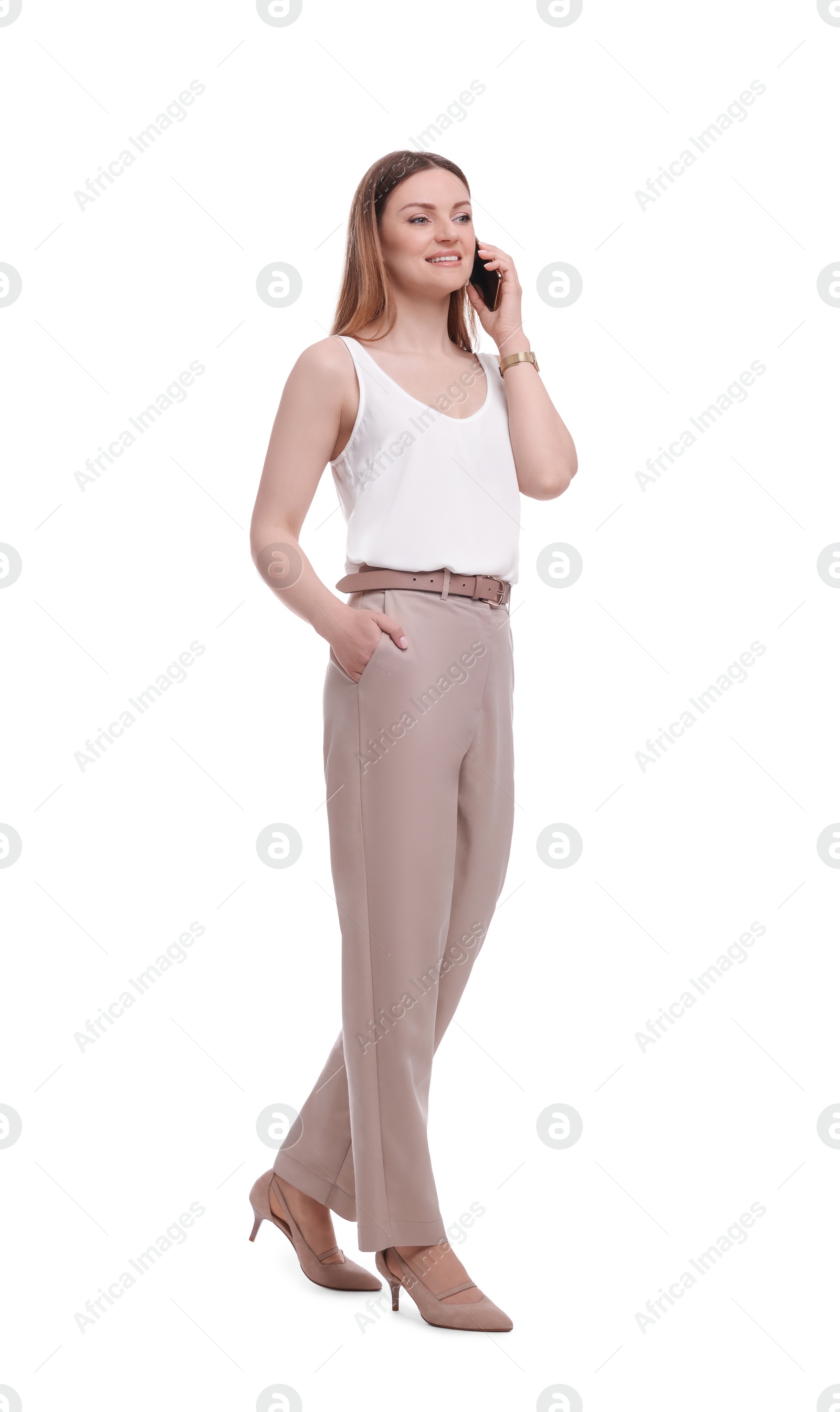 Photo of Beautiful businesswoman talking on smartphone against white background