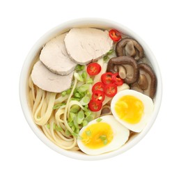 Photo of Delicious ramen with meat and eggs in bowl isolated on white, top view. Noodle soup