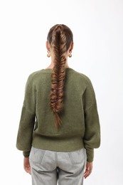 Woman with braided hair on white background, back view