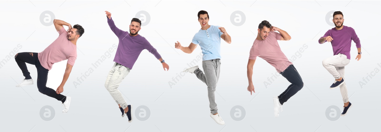 Image of Collage with photos of young men in fashion clothes jumping on white background. Banner design