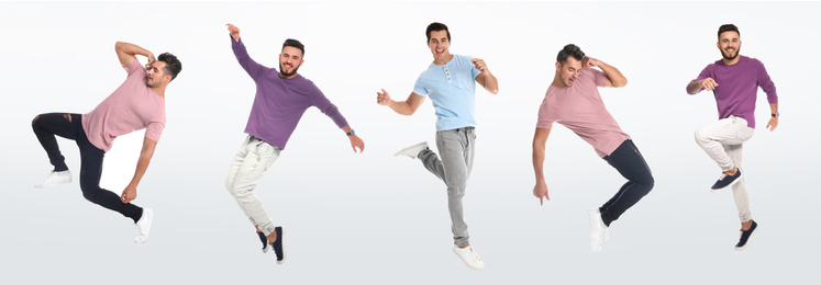 Image of Collage with photos of young men in fashion clothes jumping on white background. Banner design