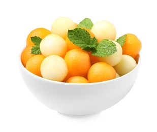 Photo of Melon balls and mint in bowl isolated on white