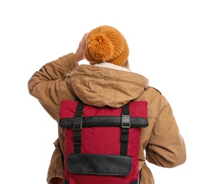 Woman with backpack on white background, back view. Winter travel