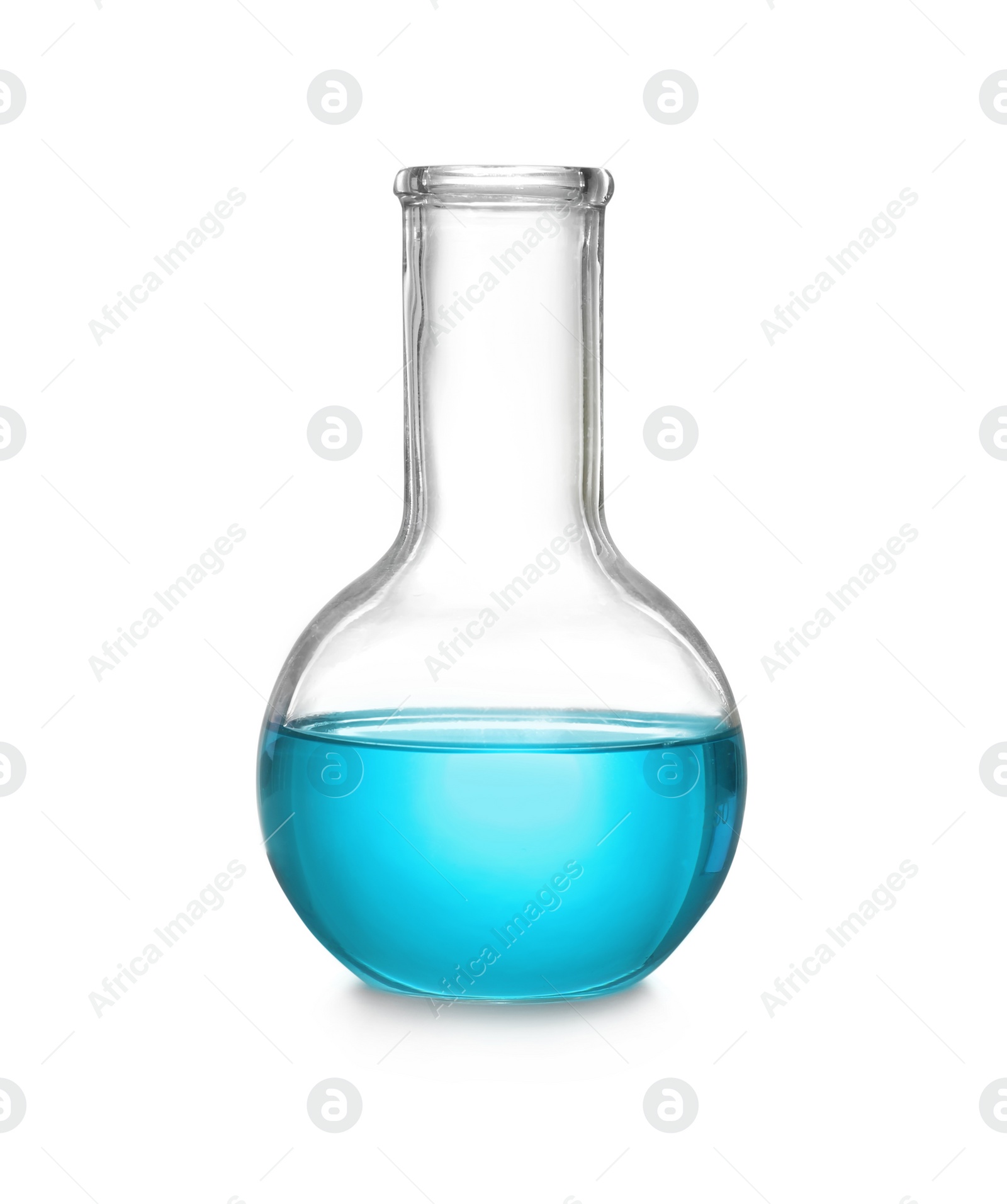 Photo of Laboratory flask with liquid on white background. Solution chemistry