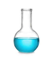 Photo of Laboratory flask with liquid on white background. Solution chemistry