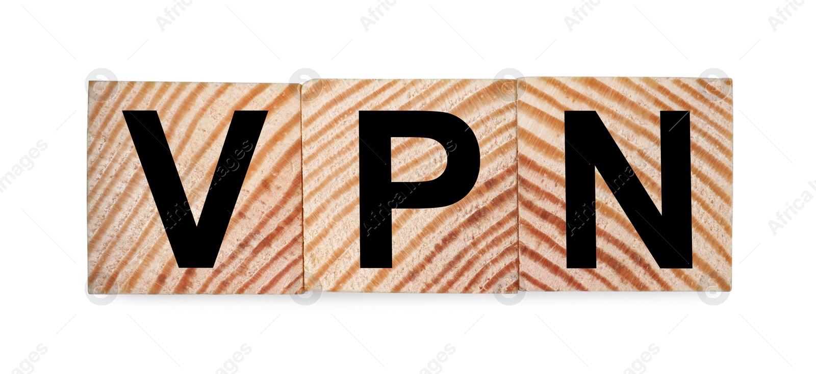 Photo of Cubes with acronym VPN on white background, top view