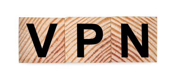 Photo of Cubes with acronym VPN on white background, top view