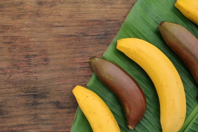 Photo of Different types of bananas and fresh leaf on wooden table, flat lay. Space for text