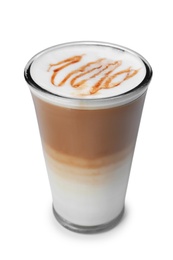 Glass of caramel macchiato on white background