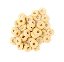 Pile of tasty corn rings on white background, top view. Healthy breakfast cereal