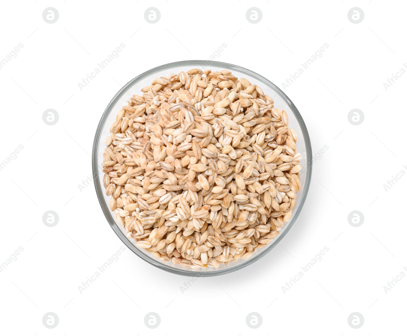 Photo of Dry pearl barley in bowl isolated on white, top view