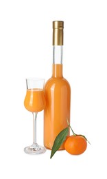 Photo of Tasty tangerine liqueur and fresh fruits isolated on white