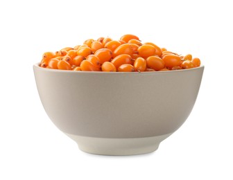 Fresh ripe sea buckthorn berries in bowl on white background