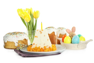 Composition with traditional cottage cheese Easter paskha on white background