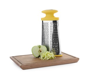 Photo of Stainless steel grater and fresh apple on white background