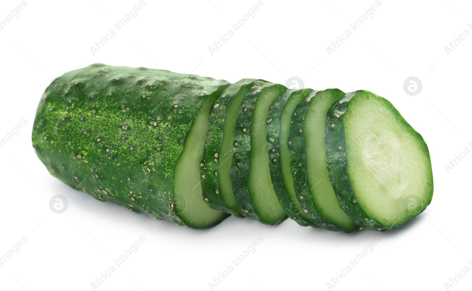 Photo of Fresh green sliced cucumber on white background