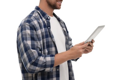 Happy man with tablet on white background, closeup