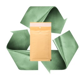 Image of Kraft paper envelope and recycling symbol on white background