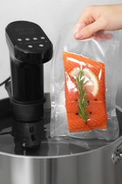 Woman putting vacuum packed salmon into pot with sous vide cooker in kitchen, closeup. Thermal immersion circulator