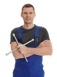 Photo of Portrait of professional auto mechanic with lug wrench on white background