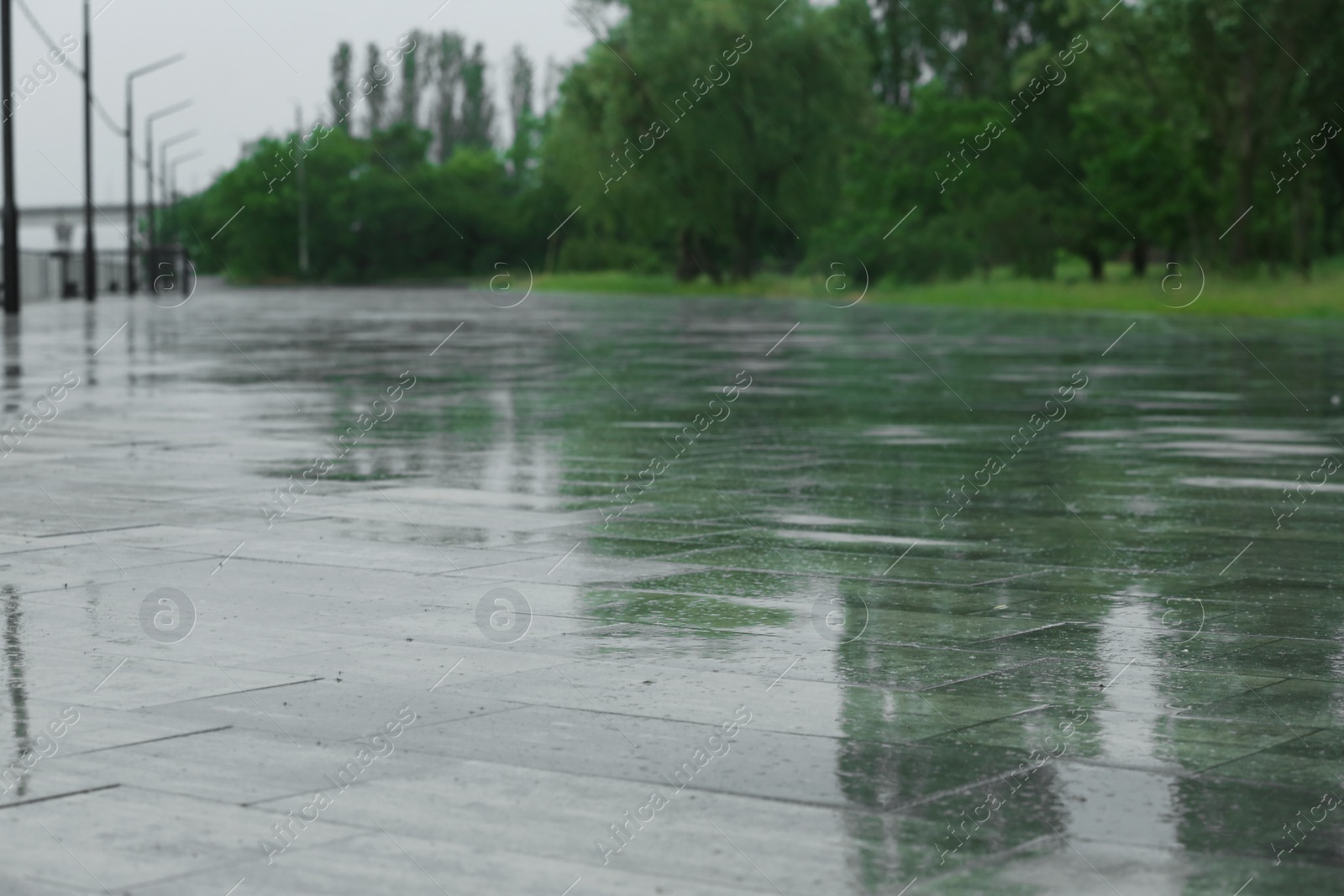 Photo of Empty city embankment under heavy rain on spring day, closeup