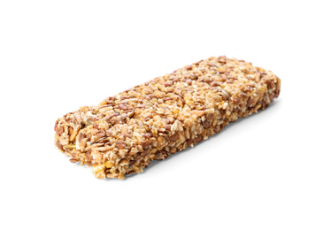 Crunchy granola bar on white background. Healthy snack