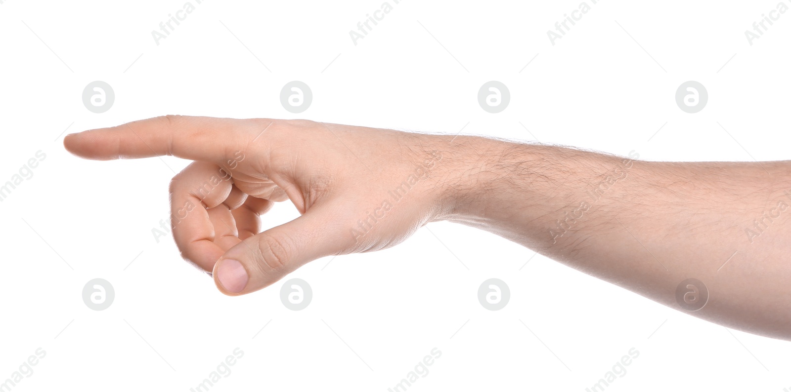 Photo of Man pointing at something on white background, closeup of hand