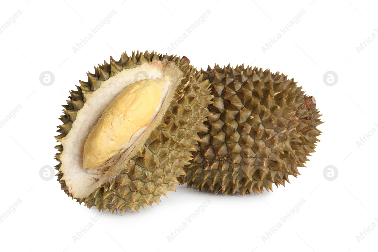 Photo of Fresh ripe durians on white background. Tropical fruit