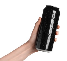 Photo of Woman holding black aluminum can on white background, closeup