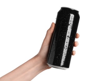 Woman holding black aluminum can on white background, closeup