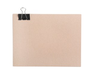 Sheet of brown paper with clip isolated on white, top view