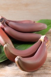 Photo of Delicious red baby bananas on wooden table