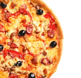 Delicious pizza with olives and sausages on white background