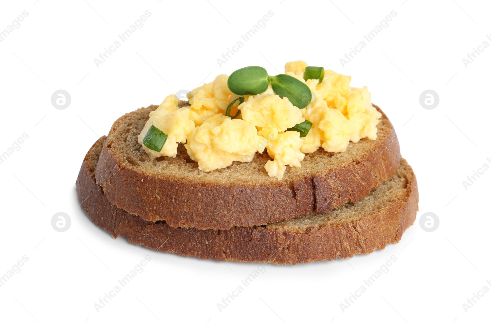 Photo of Tasty scrambled egg sandwich isolated on white