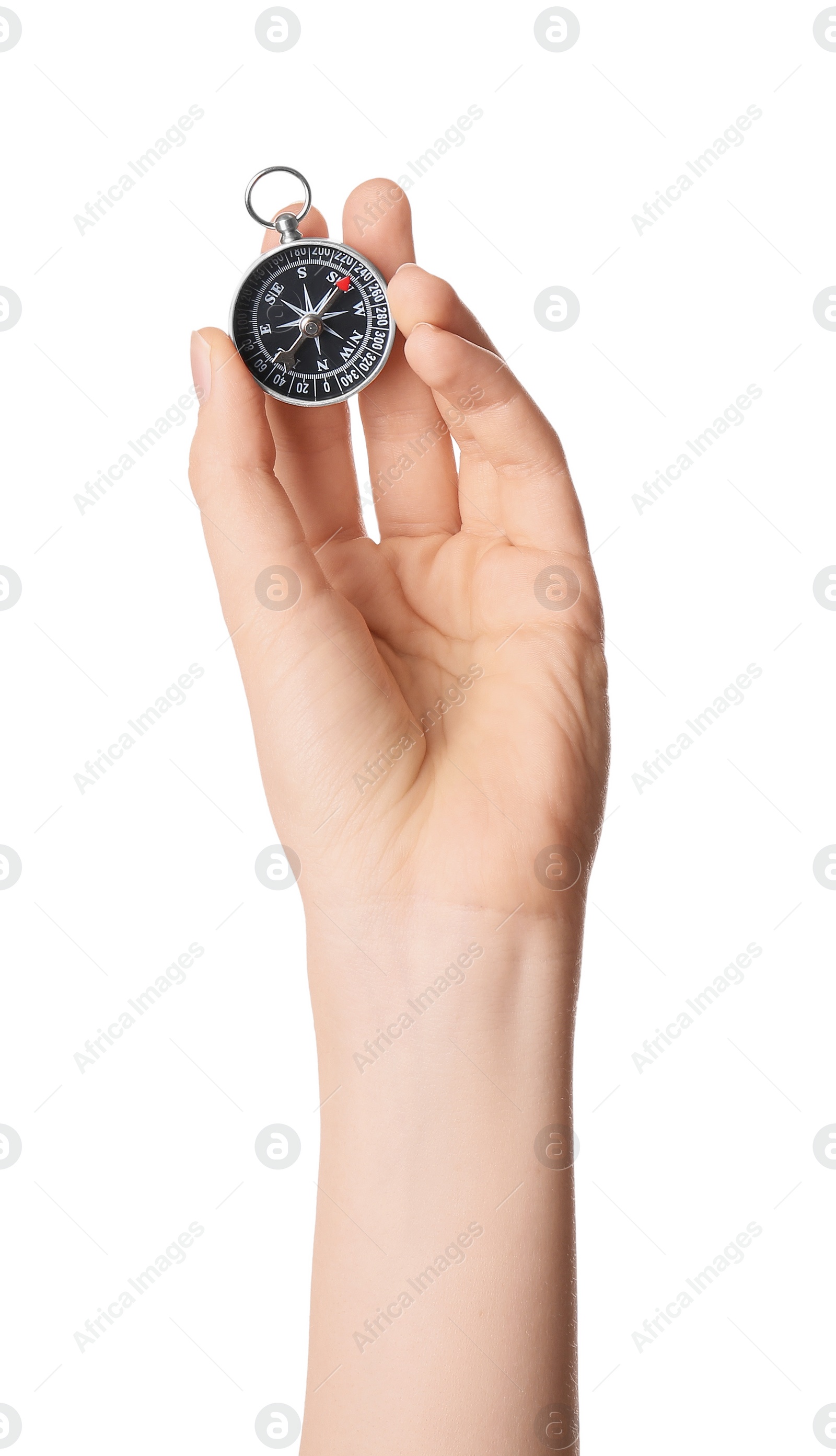 Photo of Woman holding compass on white background, closeup