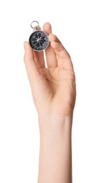 Woman holding compass on white background, closeup