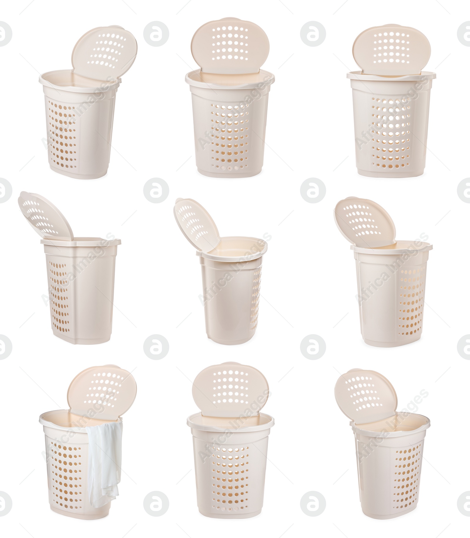 Beige laundry basket on white background, view from different sides Image of Beige laundry basket on white background, view from different sides