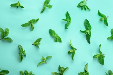 Flat lay composition with fresh mint leaves on color background