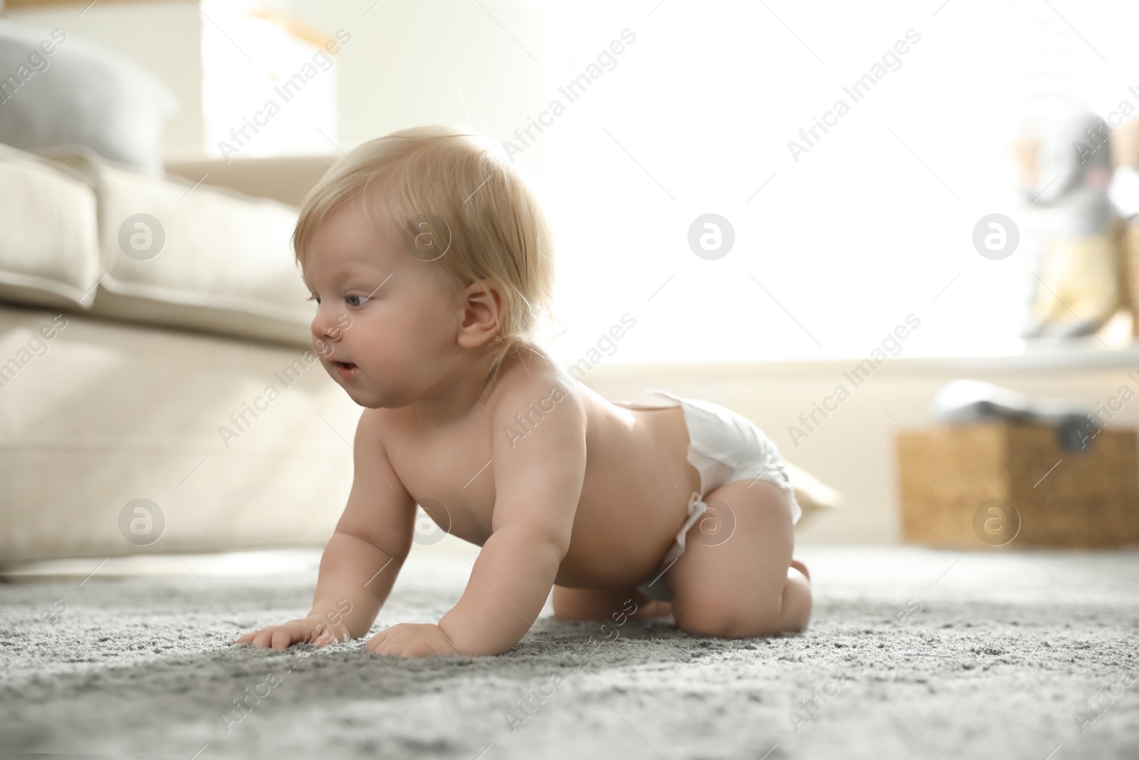 Photo of Cute little baby in diaper on carpet at home