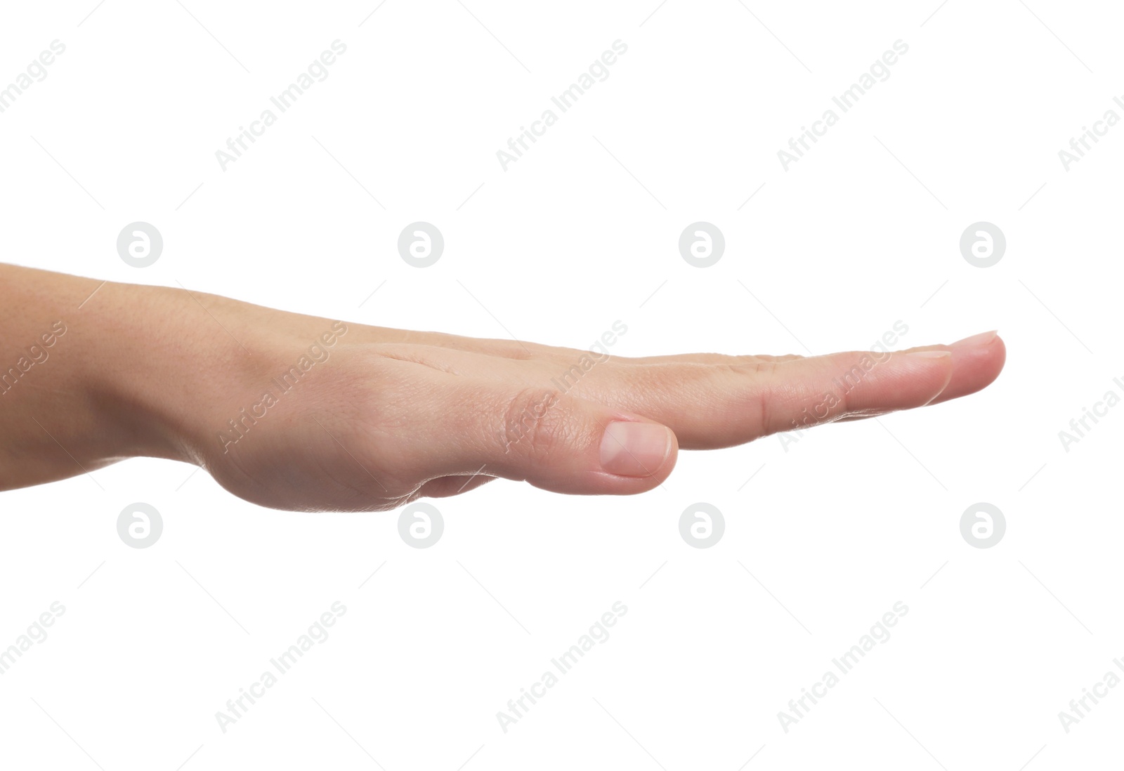 Photo of Woman showing hand on white background, closeup