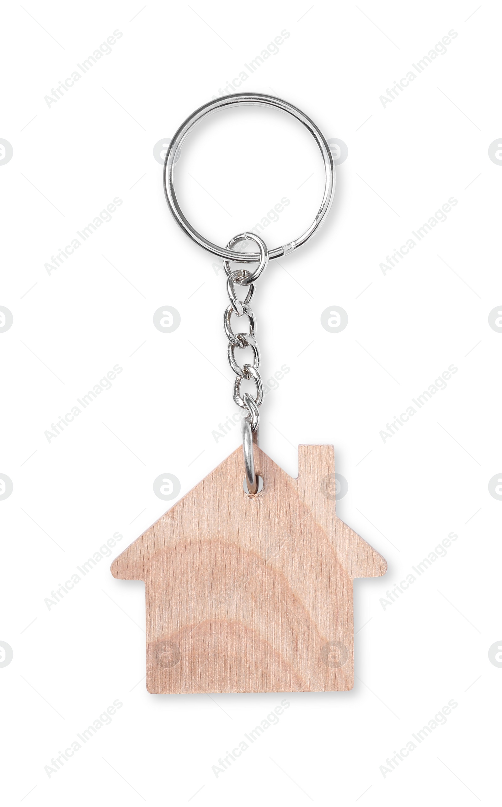 Photo of Wooden keychain in shape of house isolated on white, top view