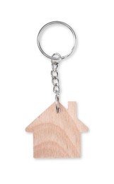 Wooden keychain in shape of house isolated on white, top view