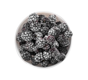 Photo of Tasty frozen blackberries in bowl isolated on white, top view