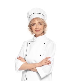 Professional chef wearing uniform on white background