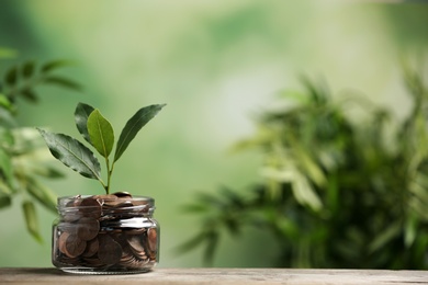 Photo of Glass jar of coins with young plant on wooden table against blurred background, space for text